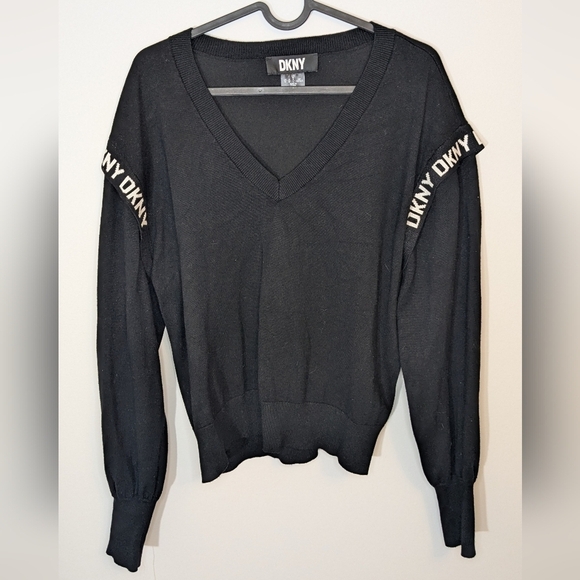 Dkny Sweaters - DKNY V neck long sleeve sweater logo shoulder detail black - size M